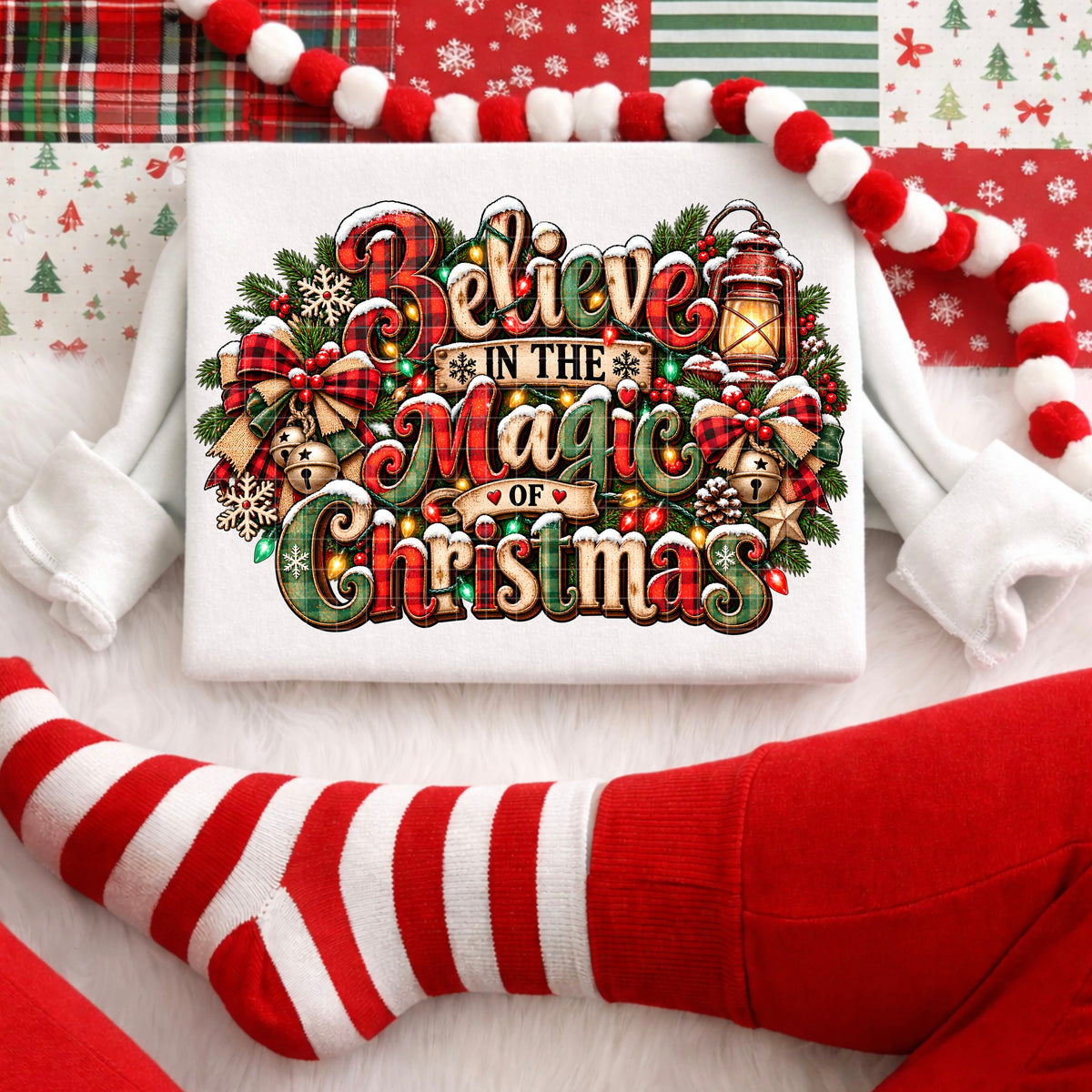 Believe in the magic of Christmas garland and bells with bows (DD) DTF Transfer
