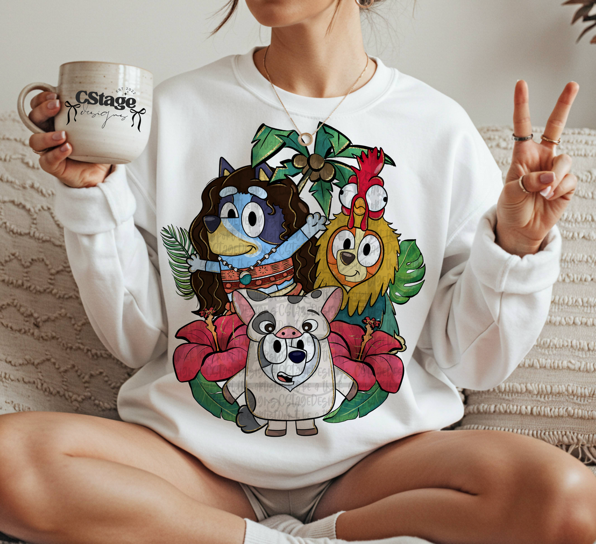 Blue heeler dog and friends with palm tree (CSTAGE) DTF Transfer