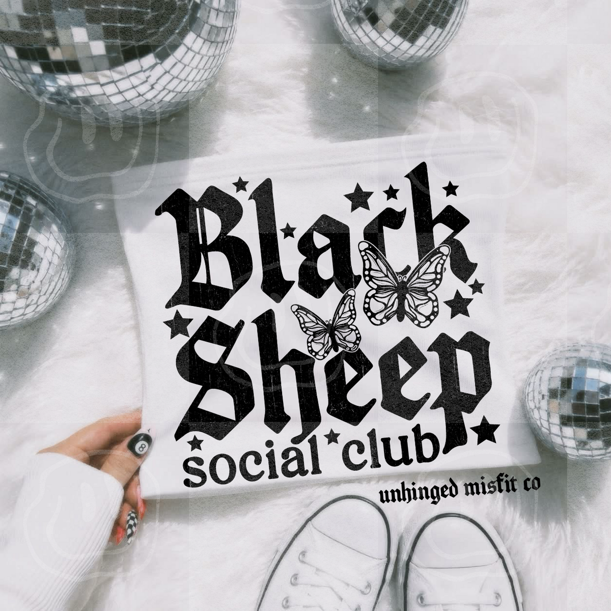 Black sheep social club with stars and butterflies BLACK (Unhinged) DTF Transfer