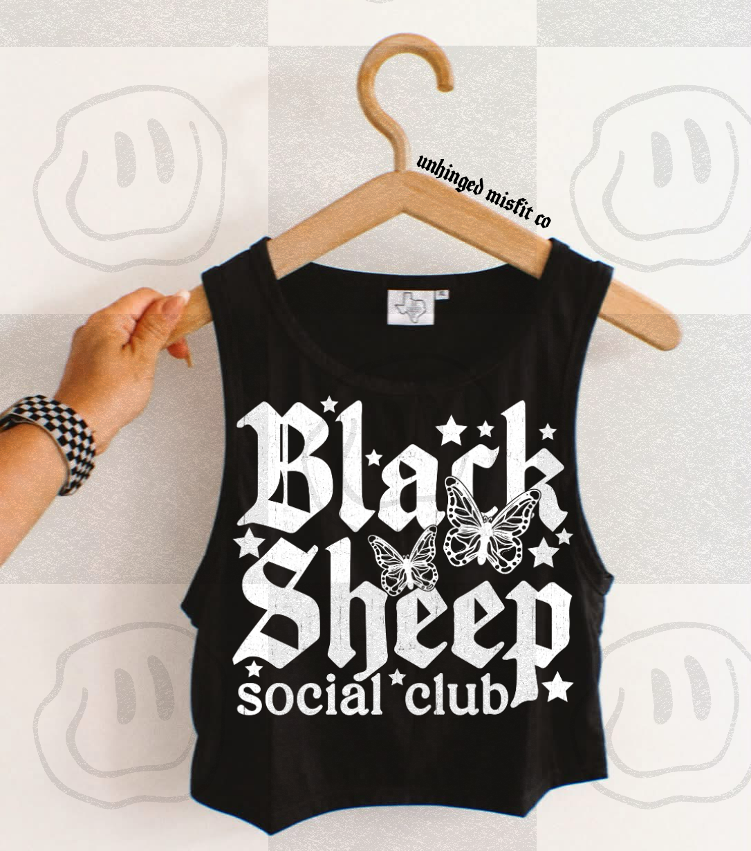 Black sheep social club with stars and butterflies WHITE (Unhinged) DTF Transfer