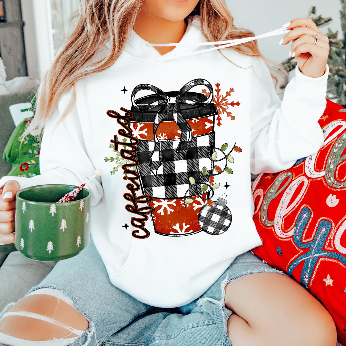Caffeinated coffee cup with bow and Christmas lights (Virgo) DTF Transfer