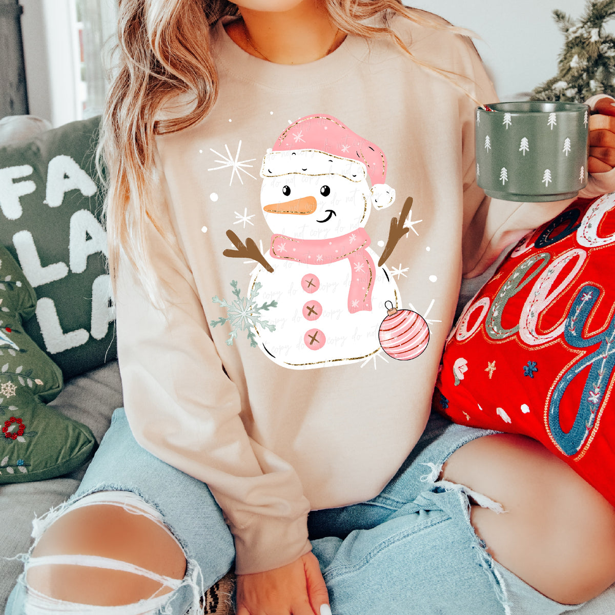 Snowman pink hat and scarf with white stars (Virgo) DTF Transfer