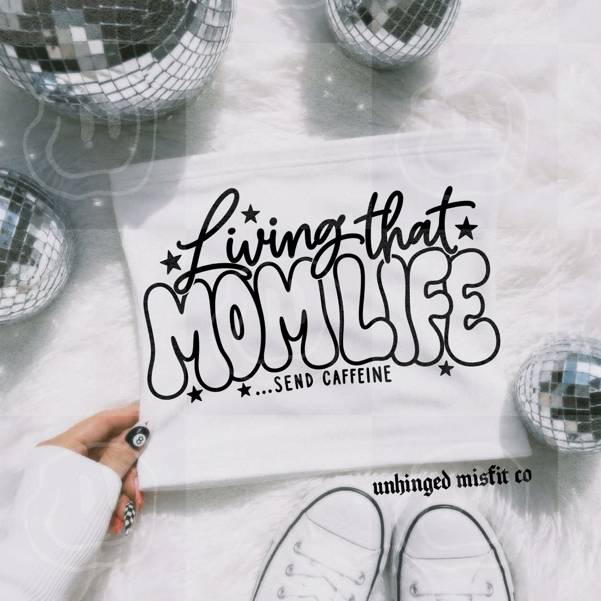 Living that mom life send caffeine with stars BLACK (Unhinged) DTF Transfer