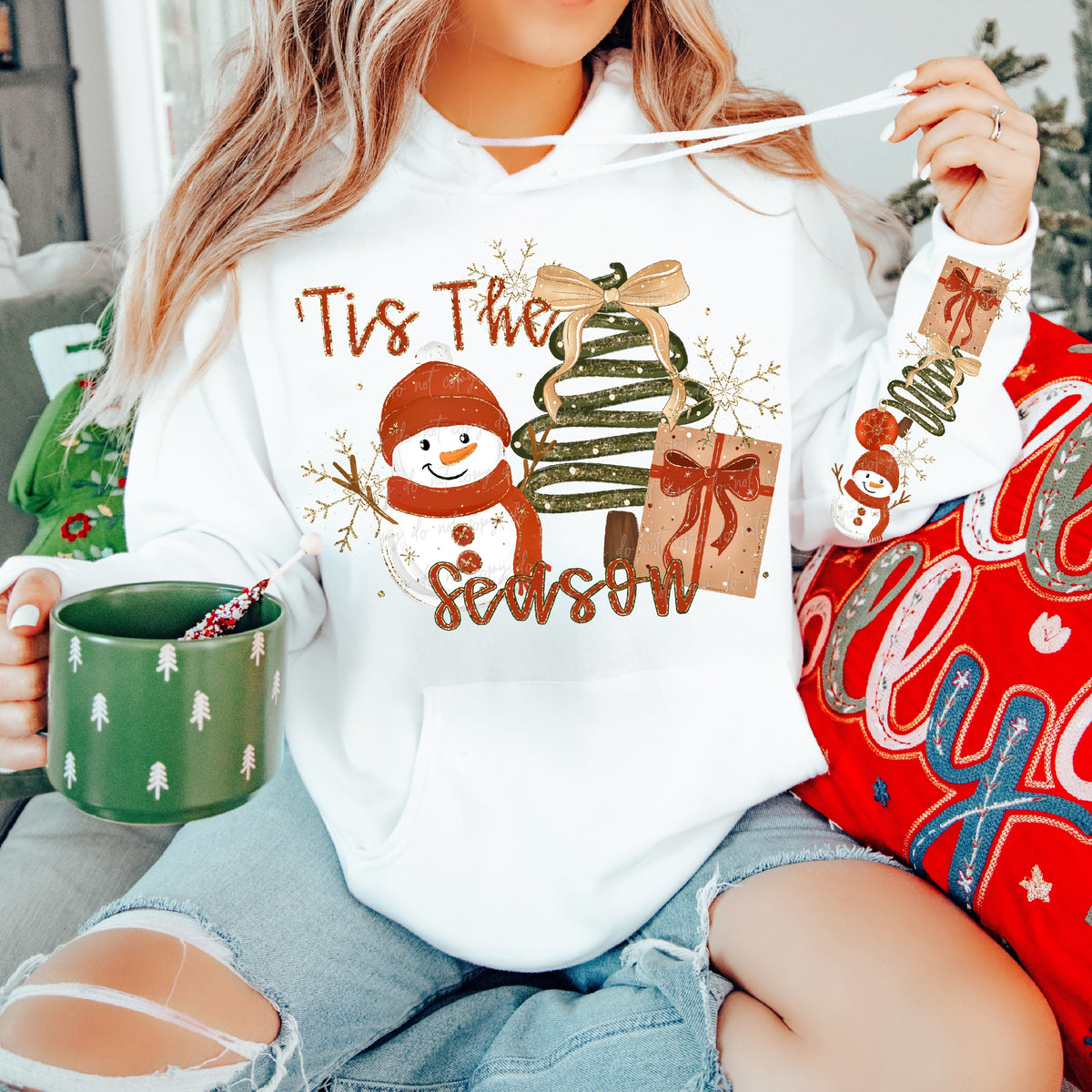 Tis the season snowman tree and present faux glitter (FRONT ONLY) (Virgo) DTF Transfer