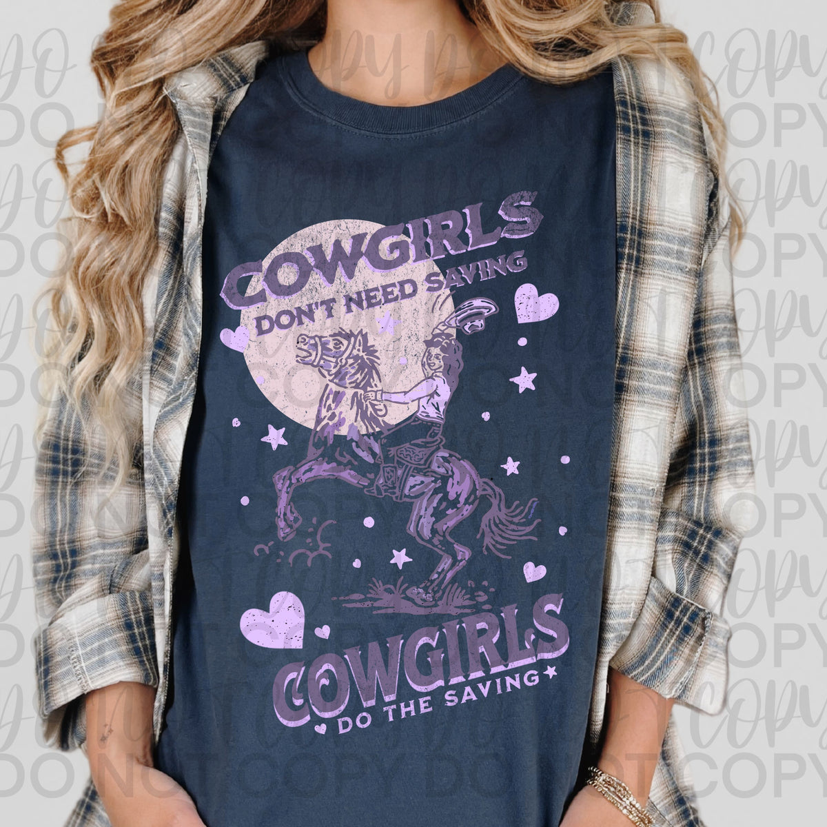 Cowgirls don't need saving PURPLE (Starlight) DTF transfer