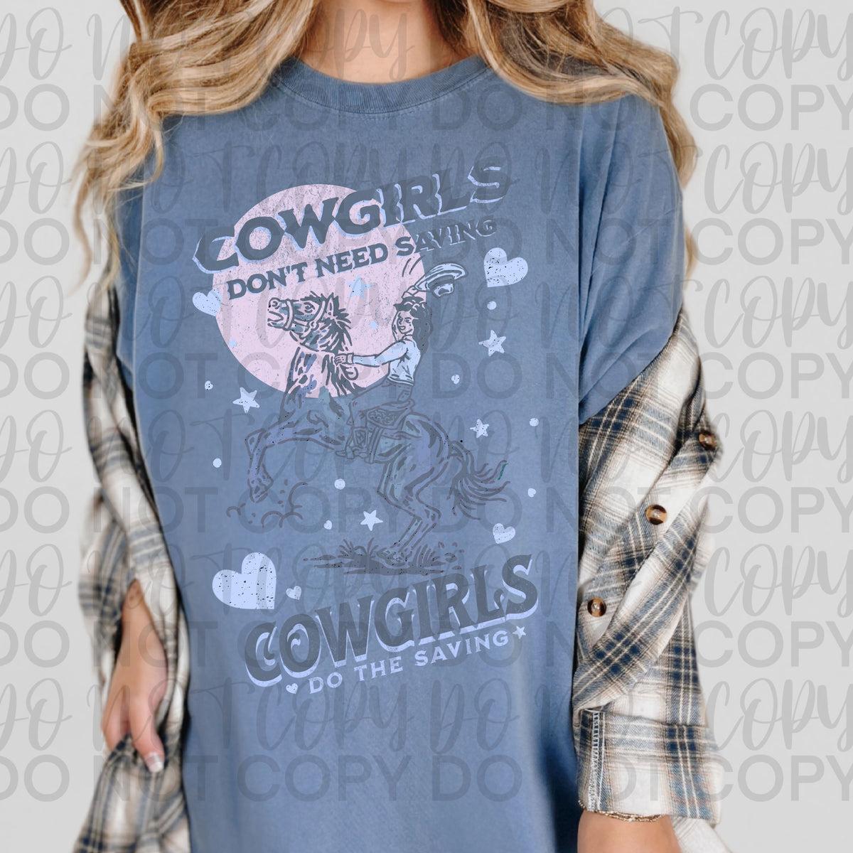 Cowgirls don't need saving BLUE (Starlight) DTF transfer