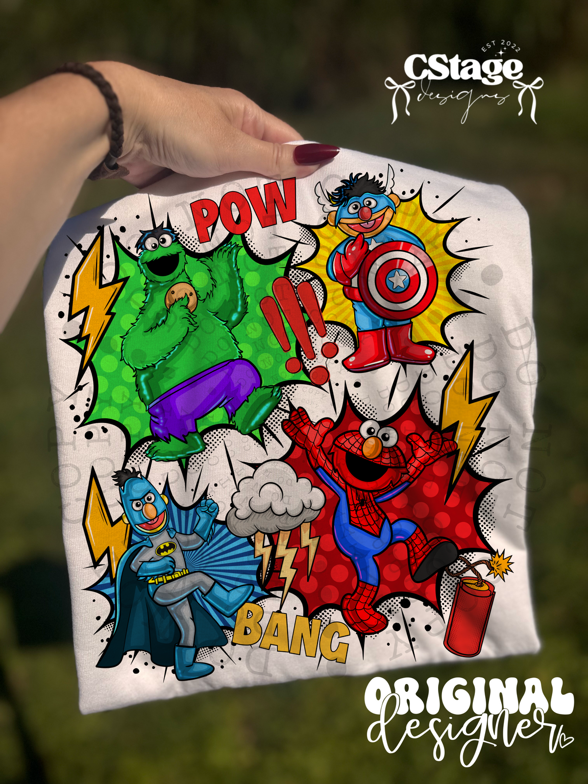 green yellow blue red "pow!!!" 6978 4/2 (mystery monday) DTF transfer