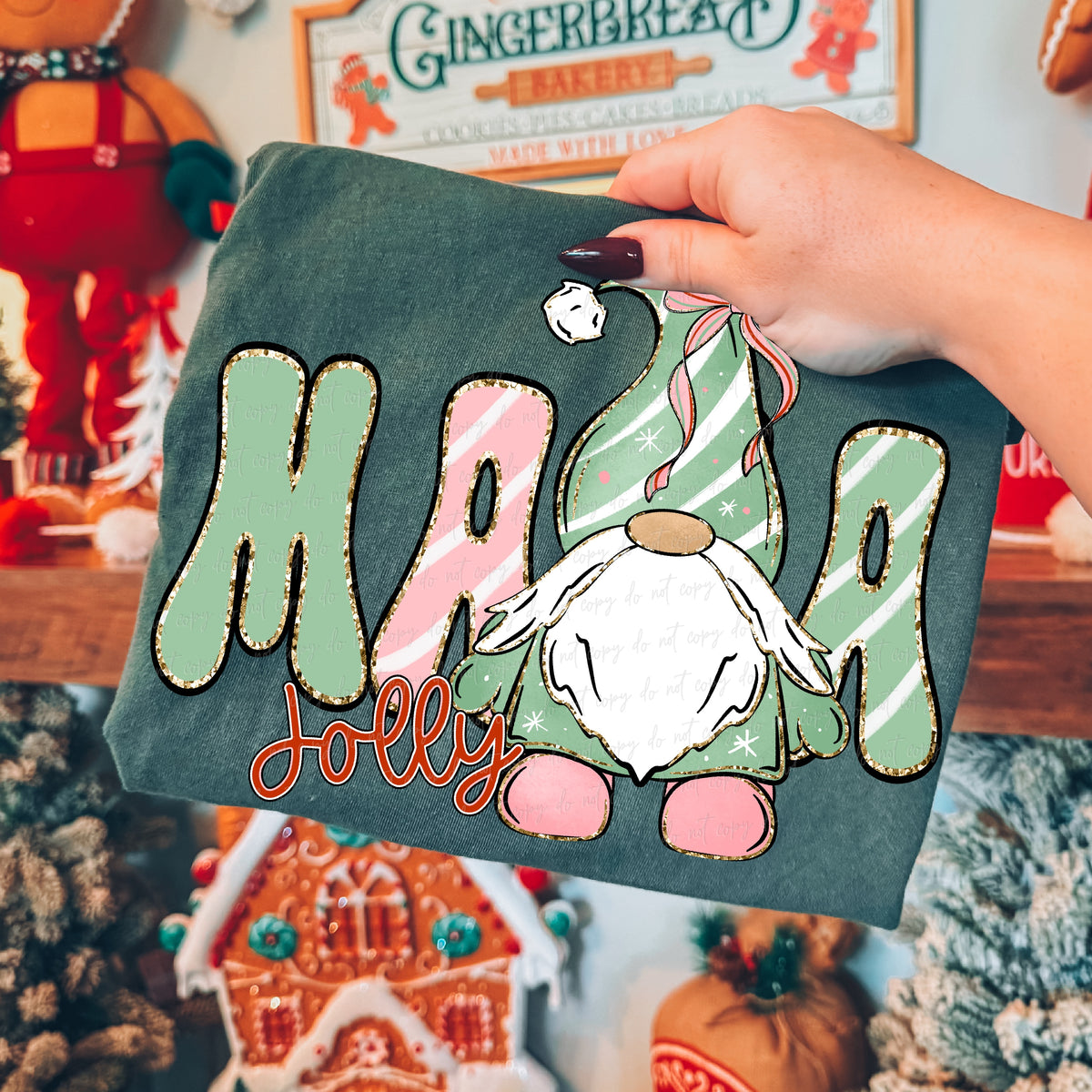 Mama jolly gnome faux glitter outline (Virgo) DTF Transfer