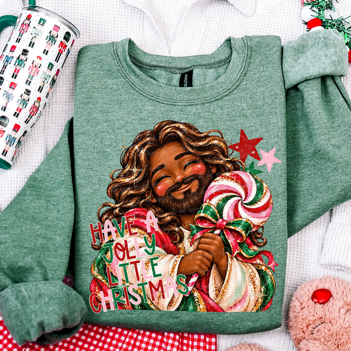 Have a jolly little Christmas- Dark Tone Jesus holding sucker (Virgo) DTF Transfer