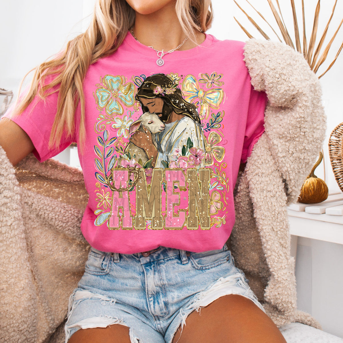 AMEN (Jesus holding lamb, flowers and bows) (SSD) DTF Transfer