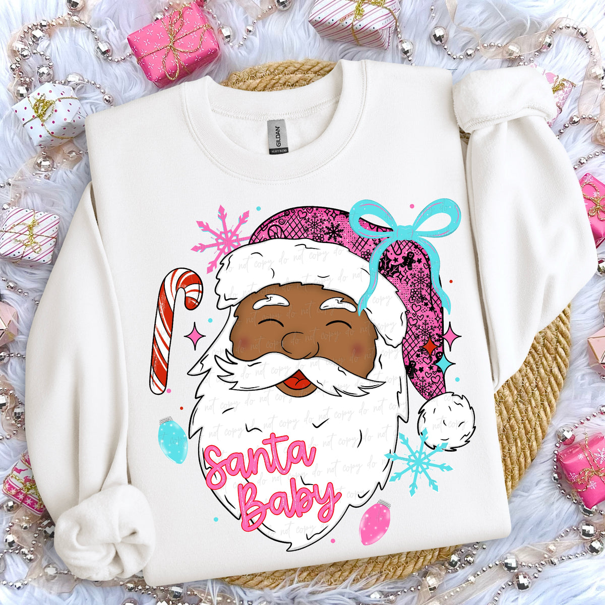 Dark Tone Santa Baby-pink hat blue bow (Virgo) DTF Transfer