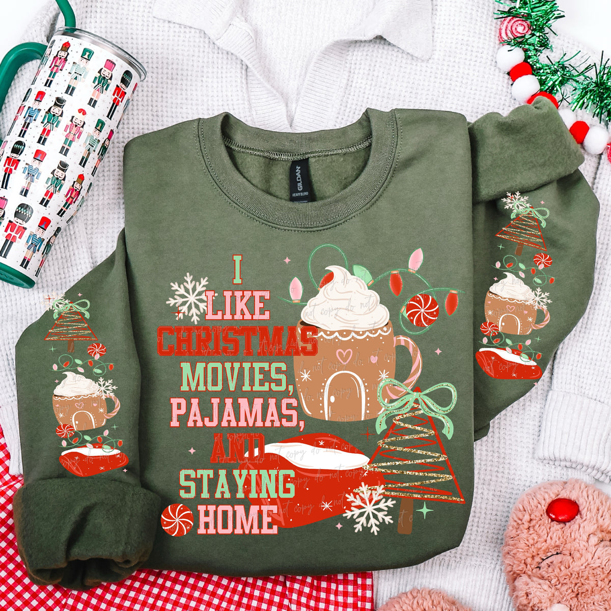 I like Christmas movies, pajamas, and staying home green pink and red (SET OF 2 SLEEVES ONLY) (Virgo) DTF Transfer