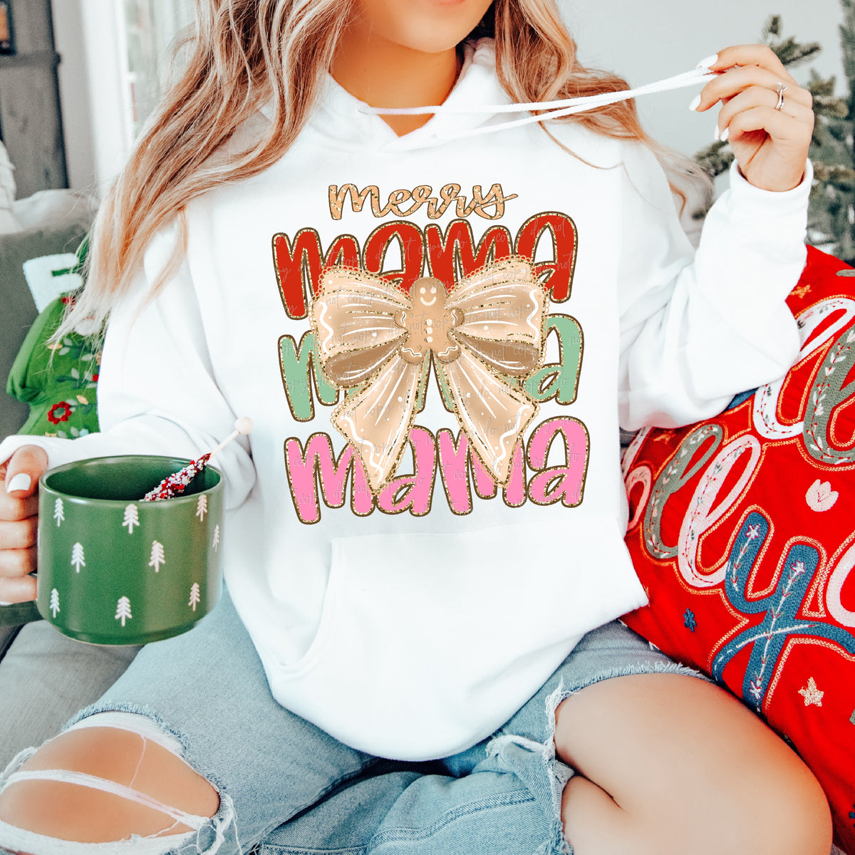 Merry mama trio stacked with gingerbread bow (Virgo) DTF Transfer