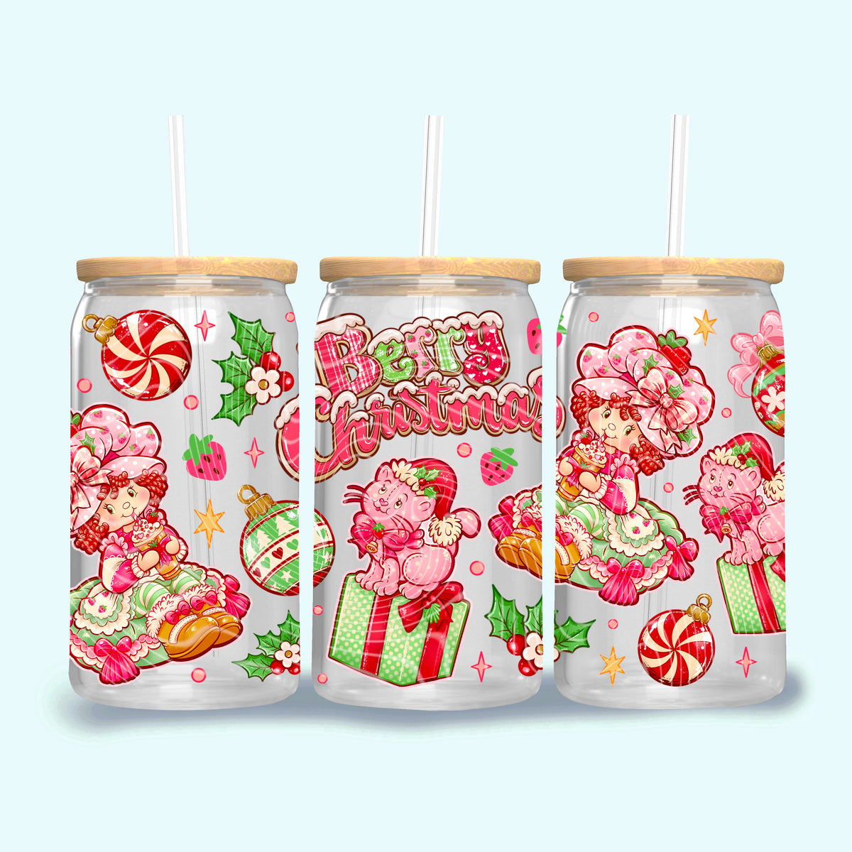 Berry Christmas shortcake and pink cat (Gravitee) UV DTF WRAP