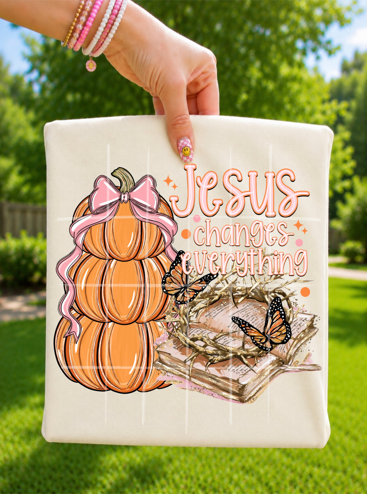 Jesus changes everything pumpkin stack butterfly and bible (TDC) DTF Transfer