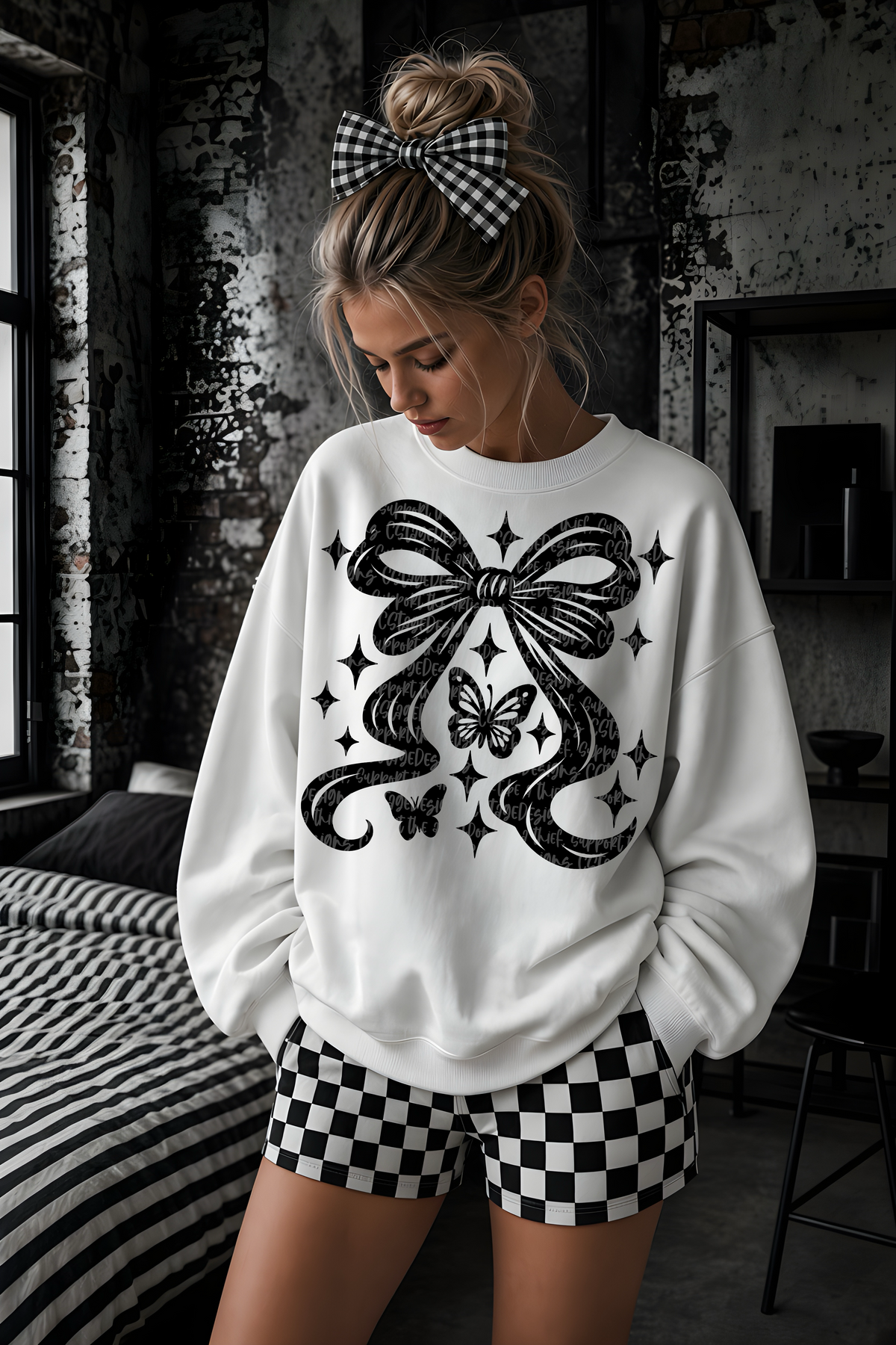 Bow with 2 butterflies and stars BLACK (CST) DTF Transfer