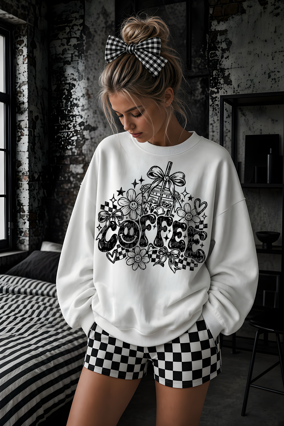 Coffee checkered bows heart and stars BLACK (CST) DTF Transfer