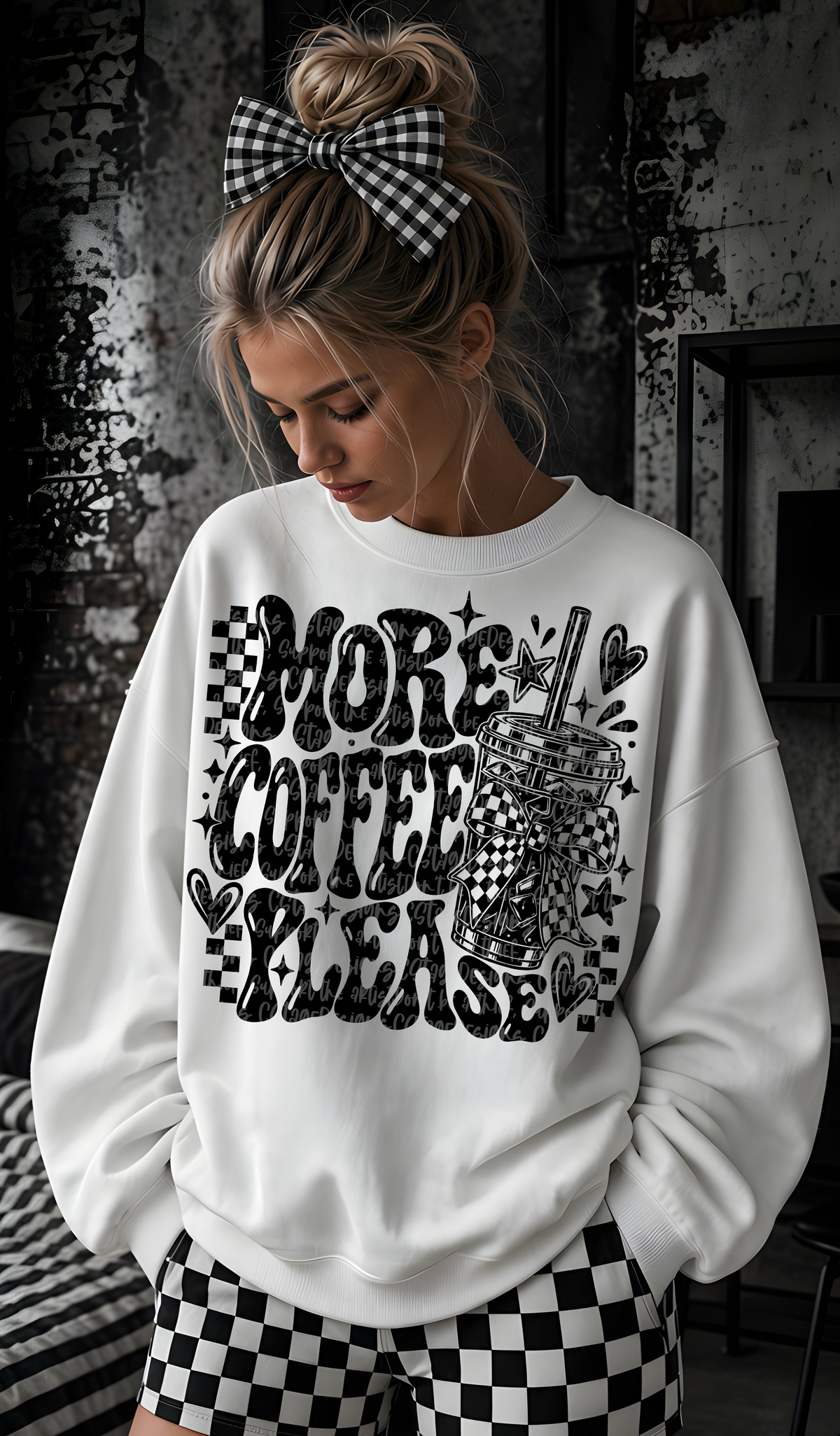 More coffee please checkered bow BLACK (CST) DTF Transfer