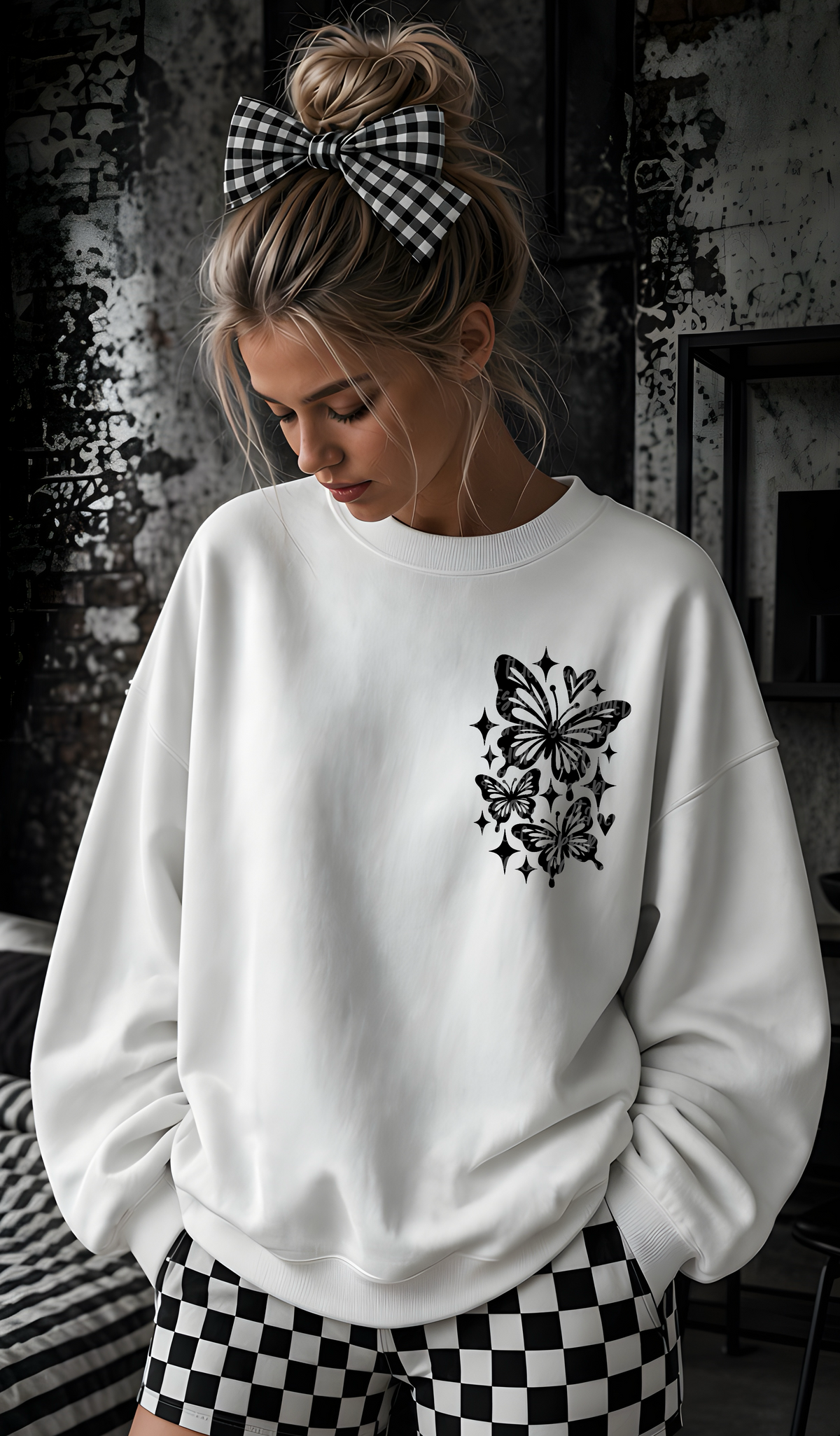 Butterfly trio with stars and heart fine line BLACK (CST) DTF Transfer