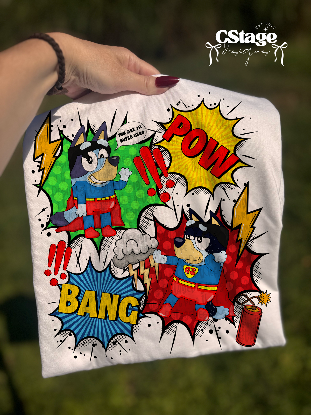 Blue dog pow bang collage (Cstage) DTF Transfer