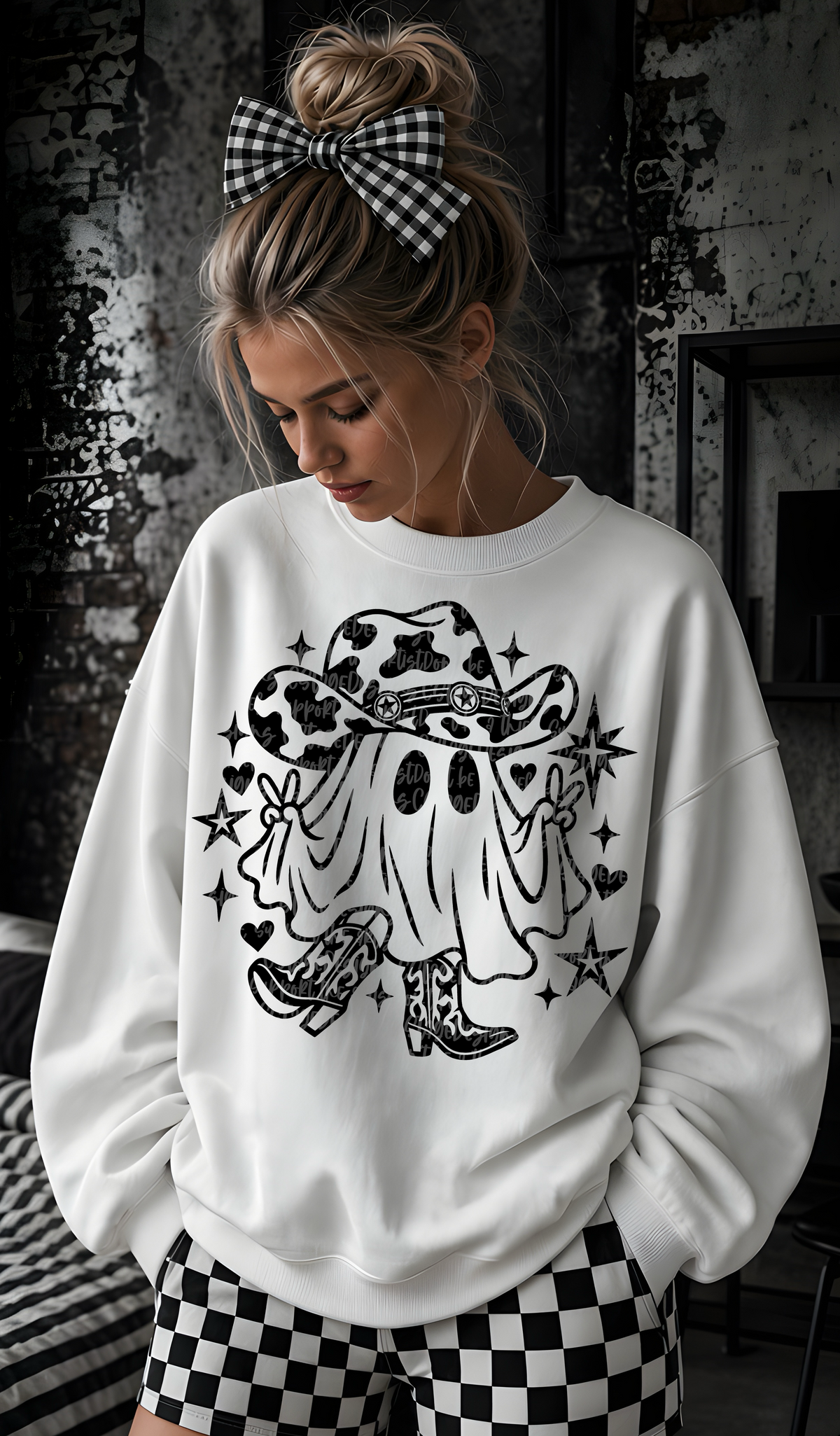 Peace ghost with cow print cowboy hat and boots BLACK (CST) DTF Transfer