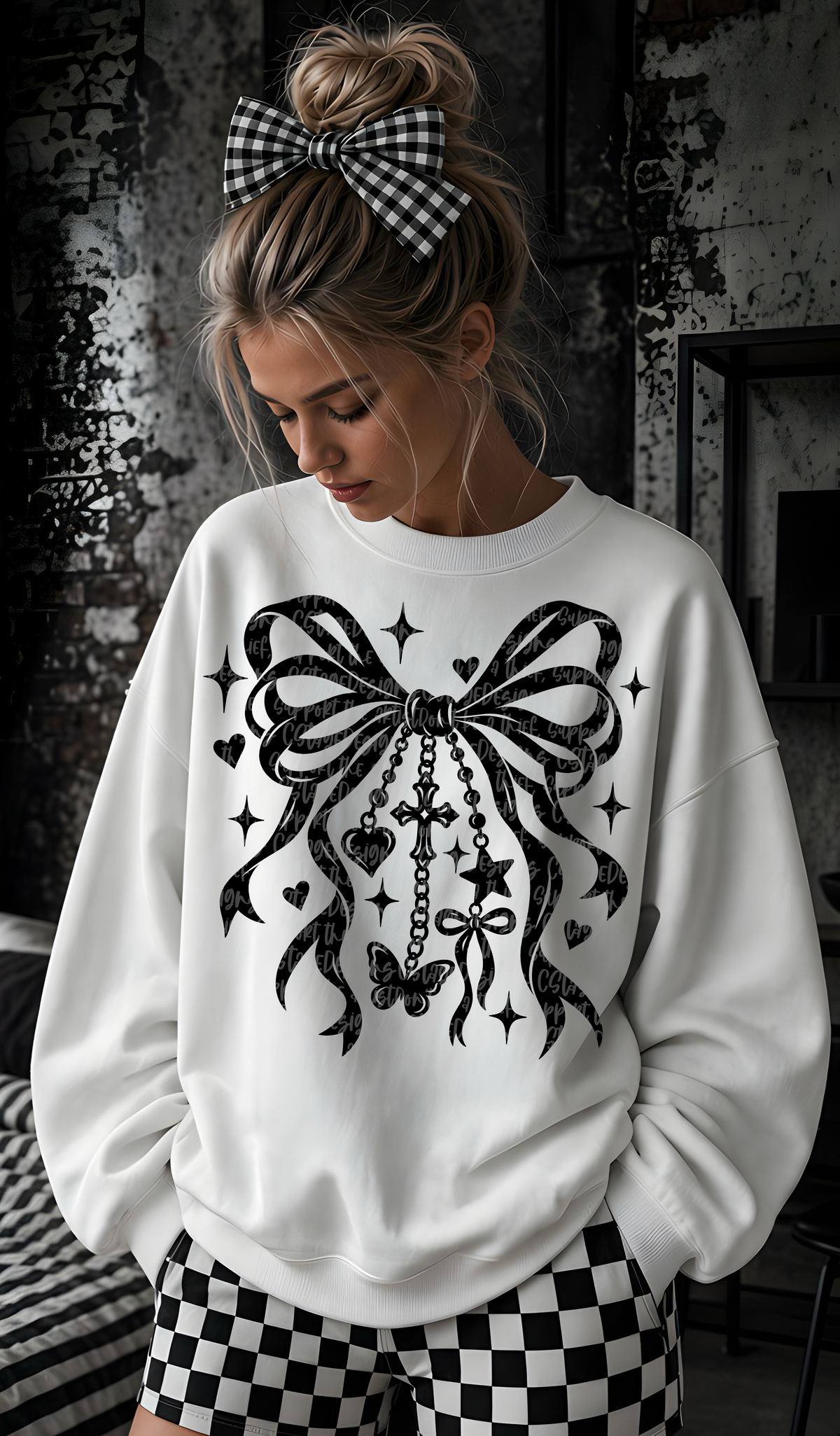Bow with cross chain butterfly and stars BLACK (CST) DTF Transfer