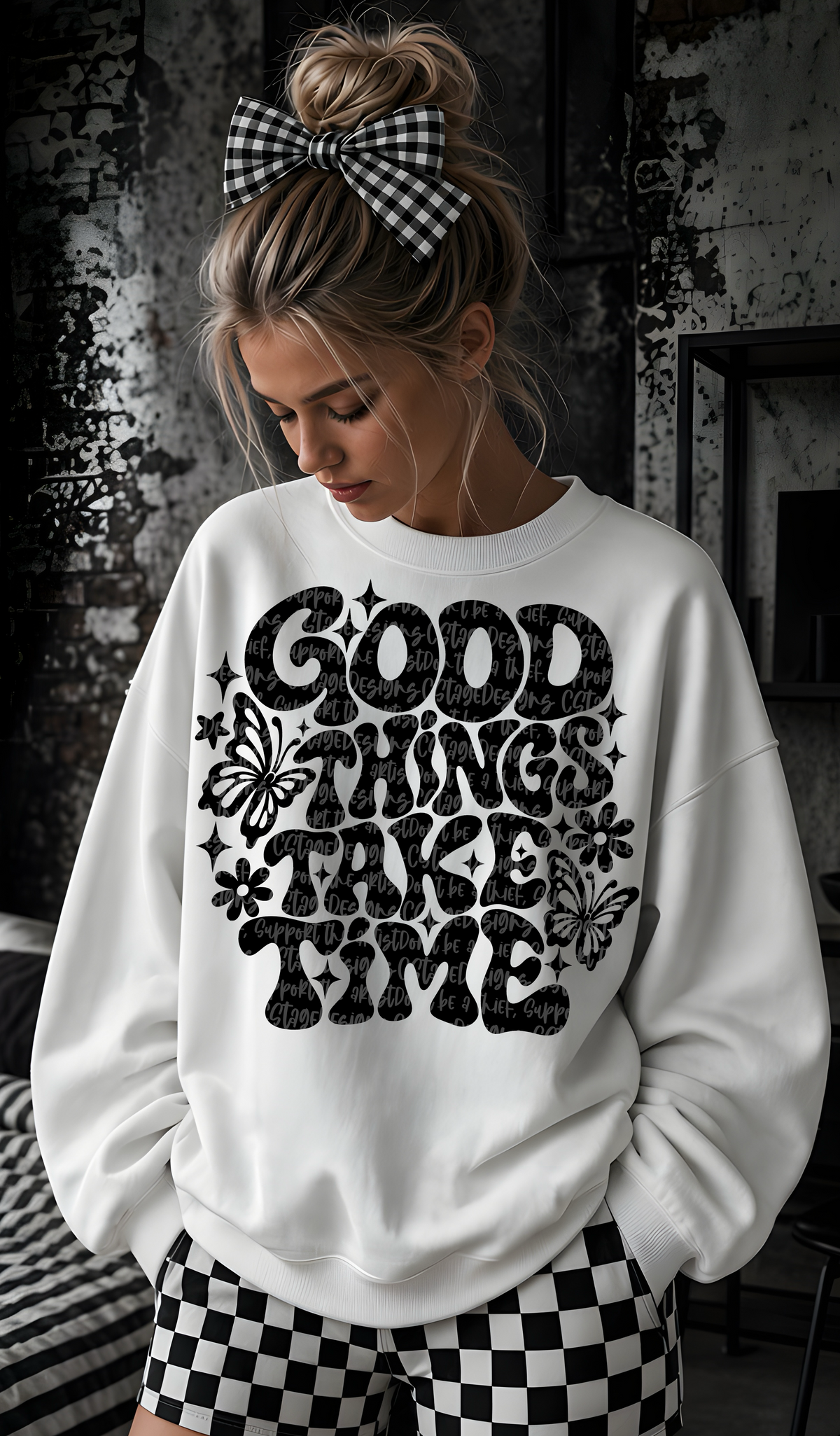 Good things take time butterfly stars and flowers BLACK (CST) DTF Transfer