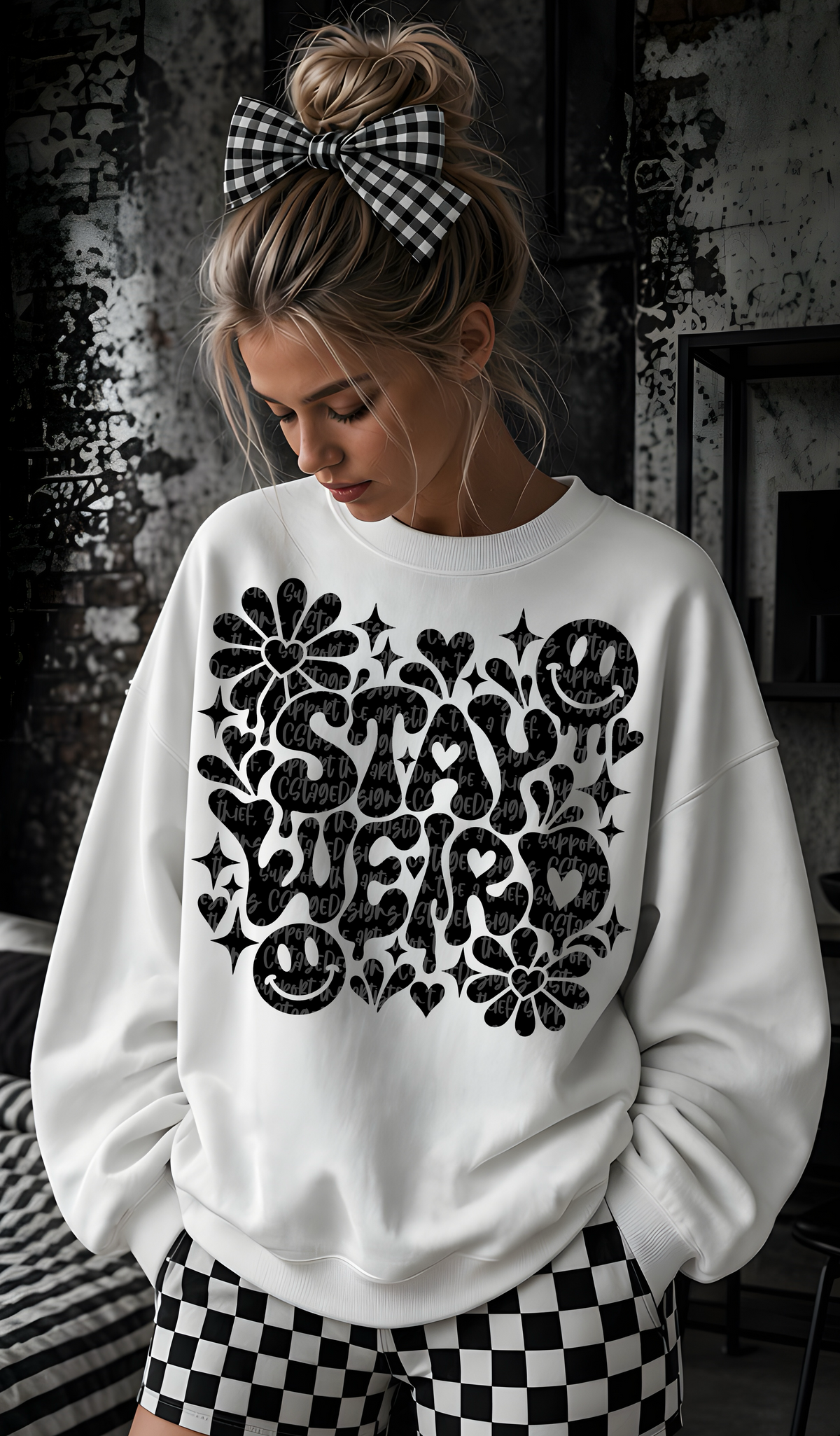 Stay weird flowers smiley hearts and stars BLACK (CST) DTF Transfer