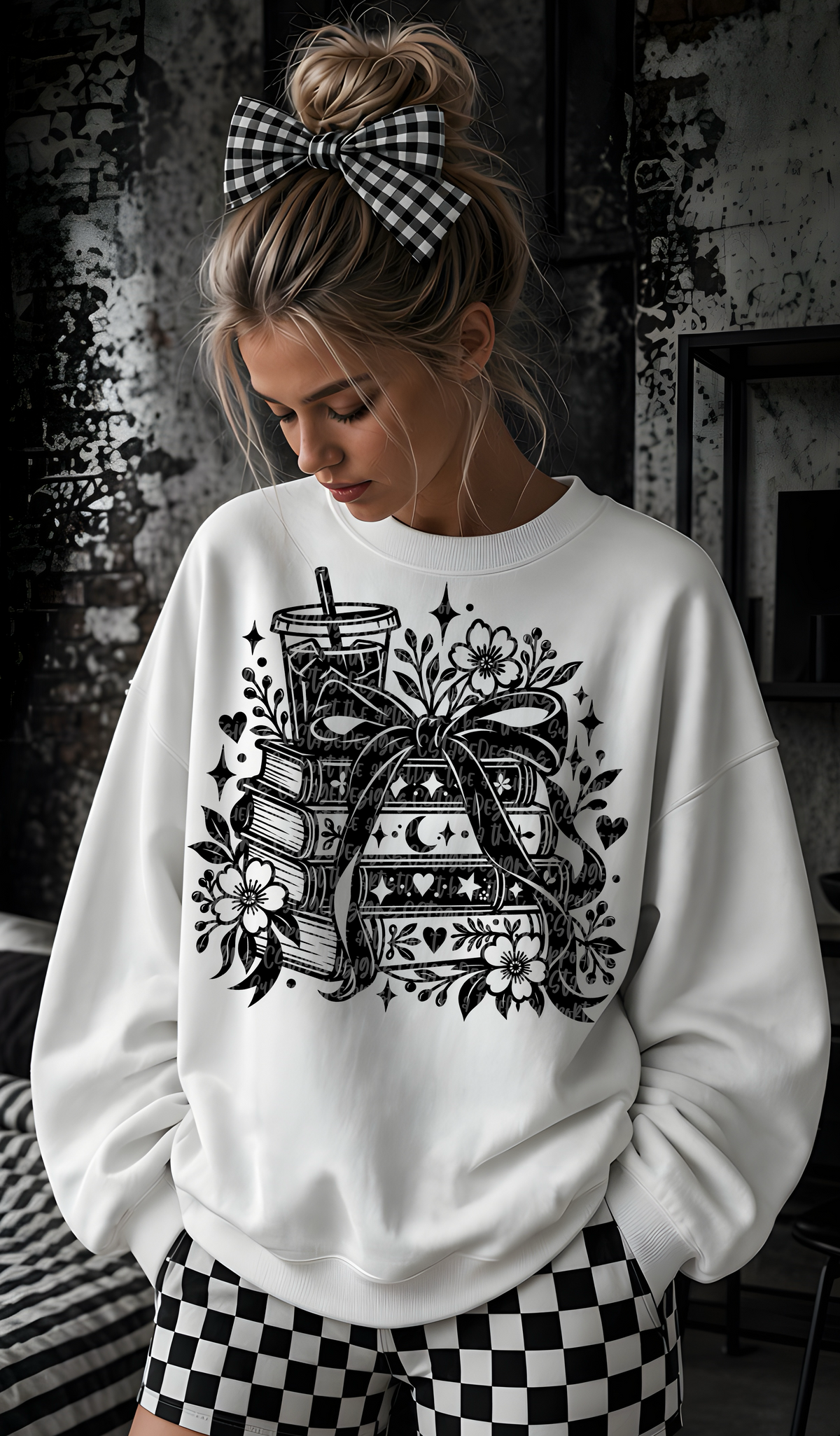 Book stack wildflowers and bow with iced coffee BLACK (CST) DTF Transfer