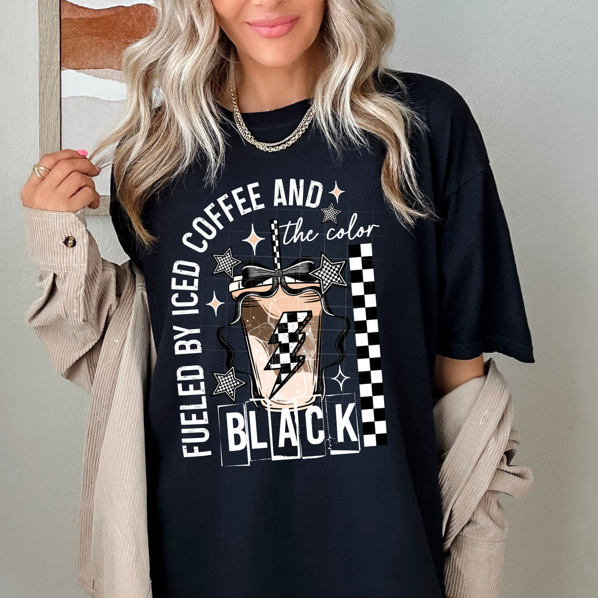 Fueled by iced coffee and the color black WHITE FONT (CSC) DTF transfer