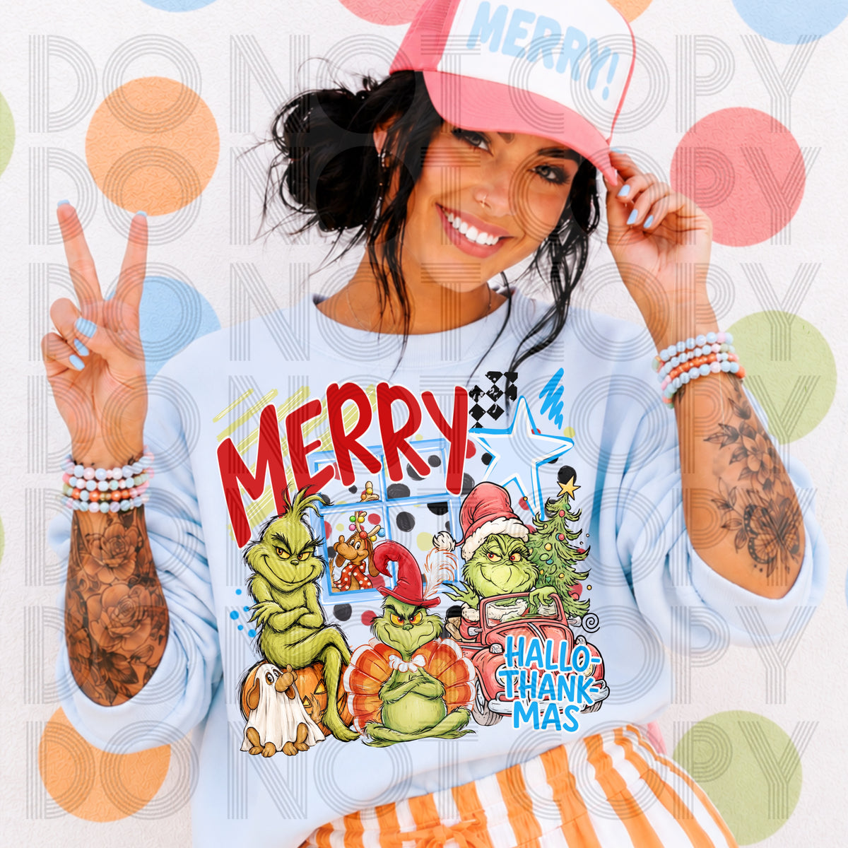 Merry Hallothanksmas green guy (Renewed) DTF transfer