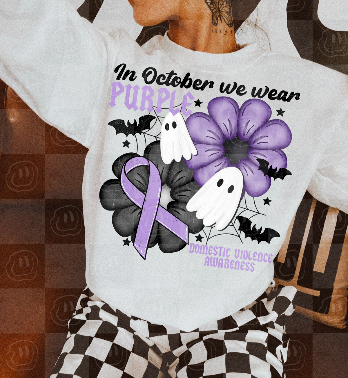 In October we wear purple DV awareness ghost flowers ribbons and bats (Unhinged) DTF Transfer
