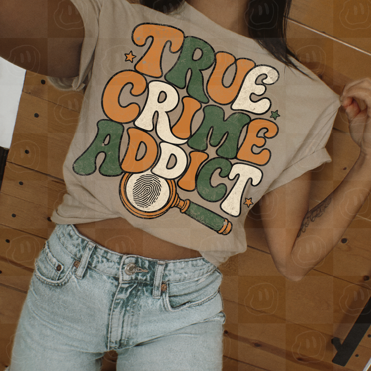 True crime addict bubble letters orange green and cream with stars (Unhinged) DTF Transfer