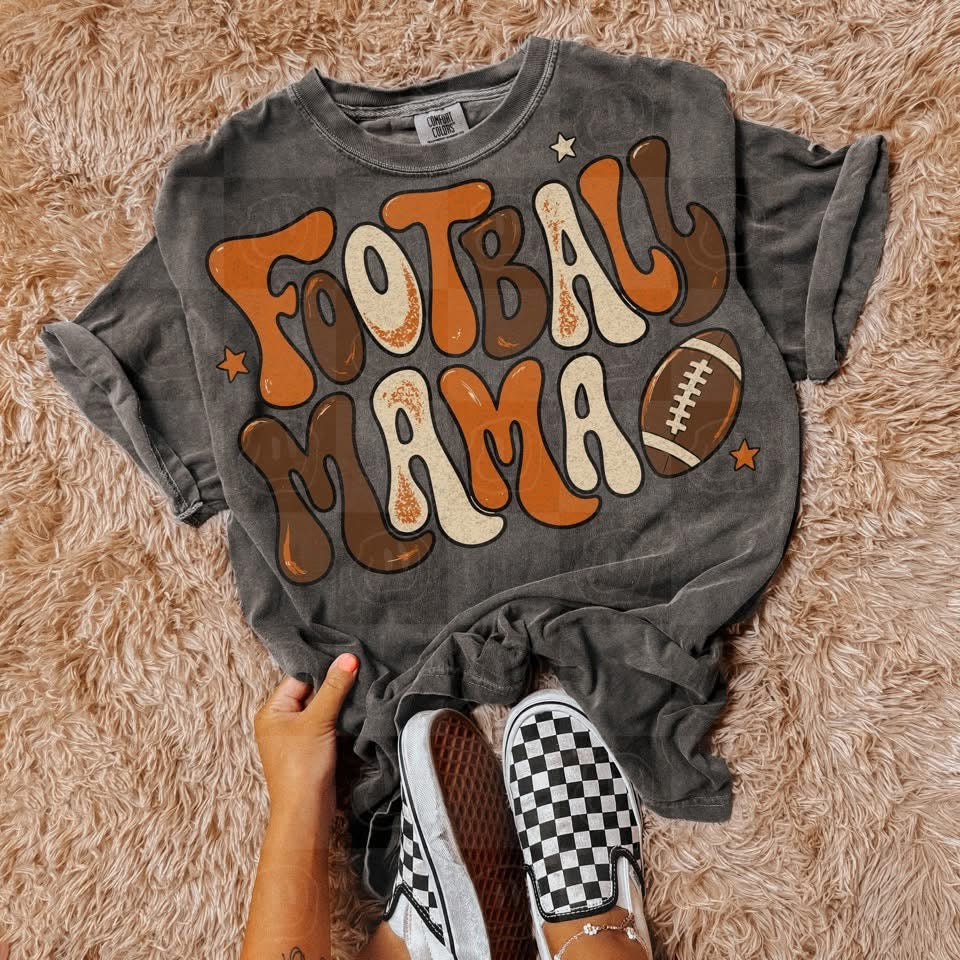 Football mama bubble letters orange brown and cream with stars (Unhinged) DTF Transfer
