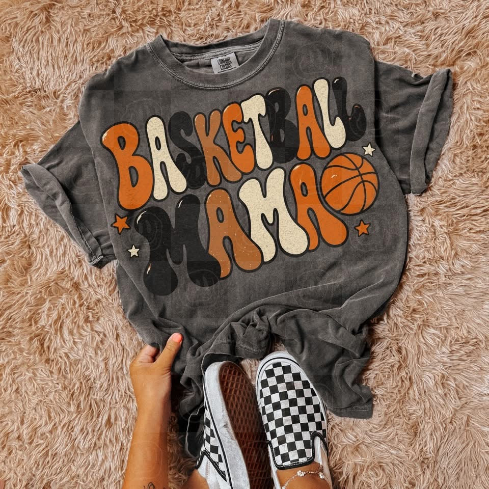 Basketball mama bubble letters orange brown black and cream with stars (Unhinged) DTF Transfer