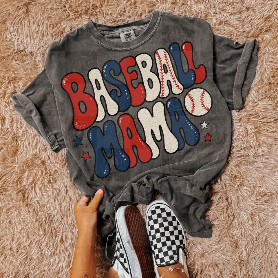 Baseball mama bubble letters red white and blue with stars (Unhinged) DTF Transfer