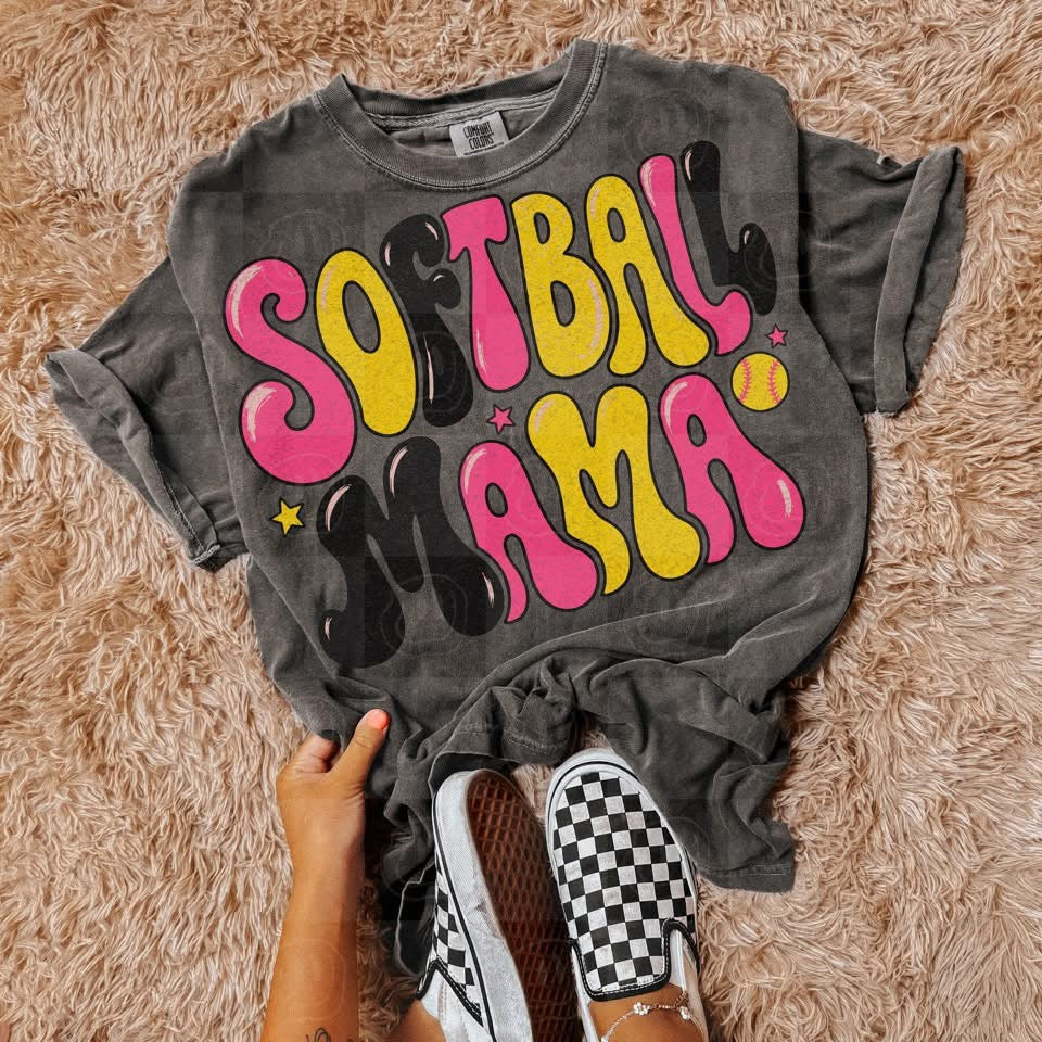 Softball mama bubble letters pink yellow and black with stars (Unhinged) DTF Transfer