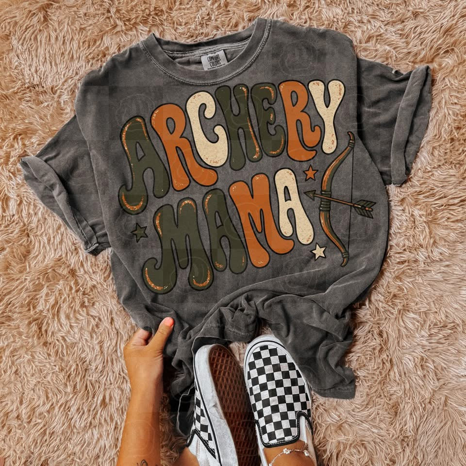 Archery mama bubble letters green orange and cream with stars (Unhinged) DTF Transfer