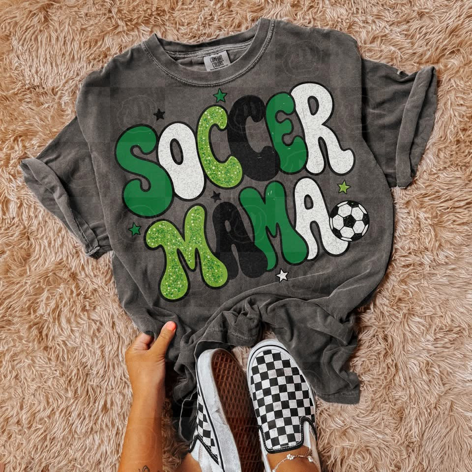 Soccer mama bubble letters green white and black with stars (Unhinged) DTF Transfer