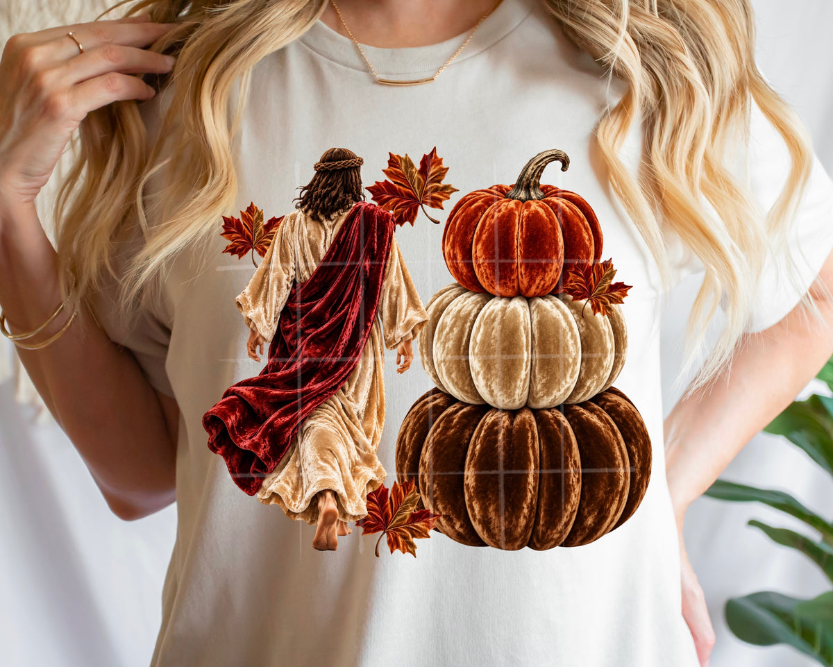 Jesus walking with pumpkin stack and leaves faux velvet (TDC) DTF Transfer