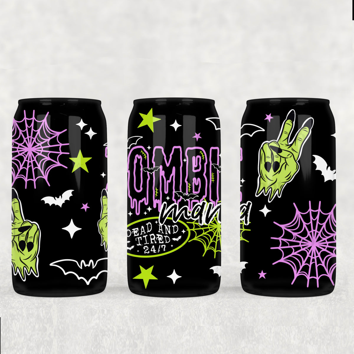 zombie mama dead and tired green and purple color with webs bats and green hand (CSC) UV DTF WRAP