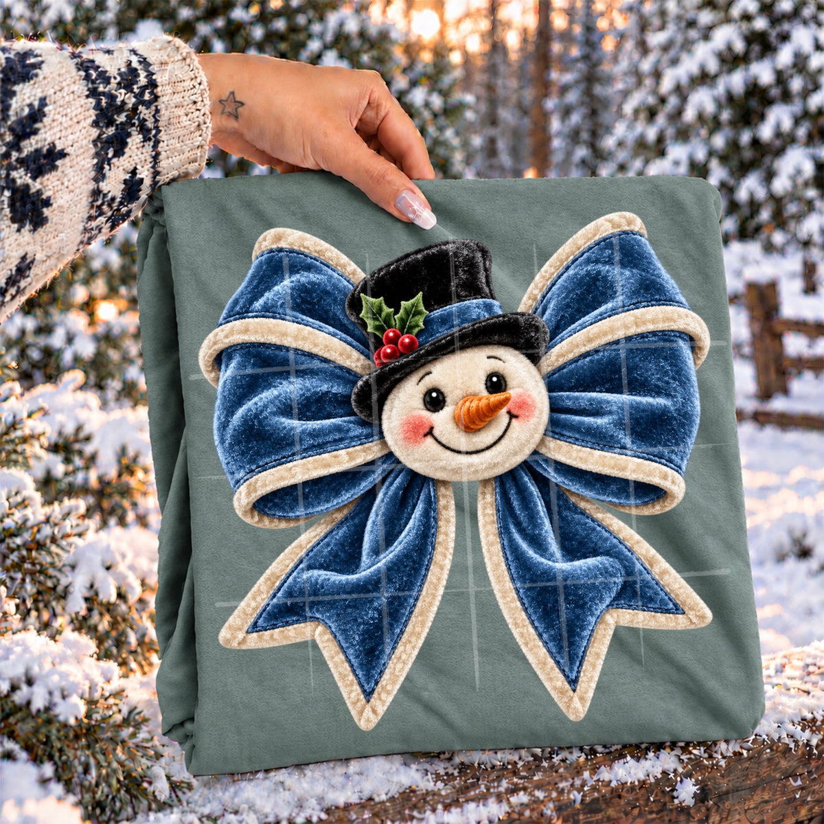 Velvet blue bow with snowman (SG) DTF Transfer