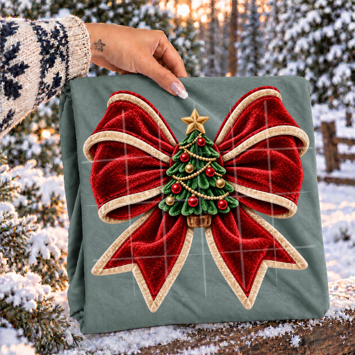 Velvet red bow with Christmas tree (SG) DTF Transfer