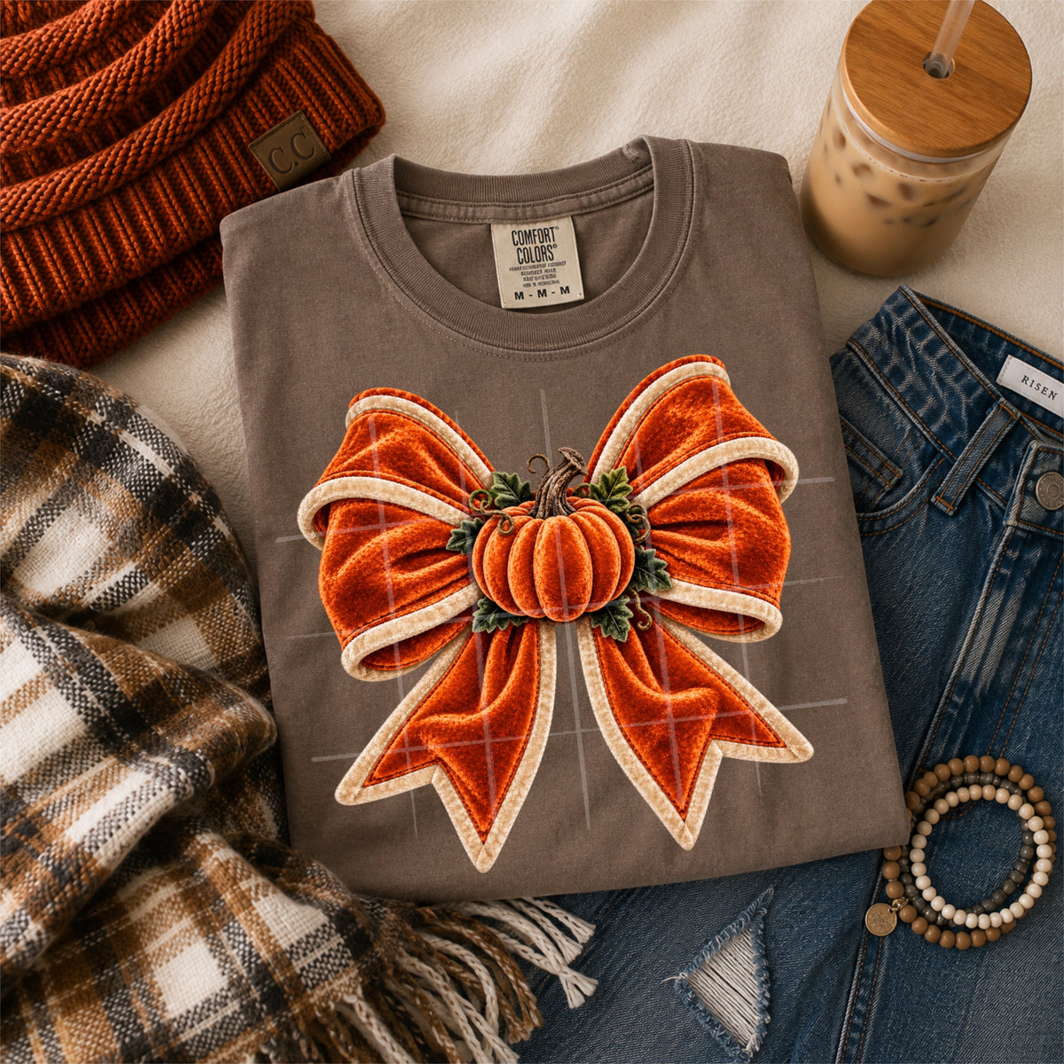Velvet orange bow with pumpkin (SG) DTF Transfer