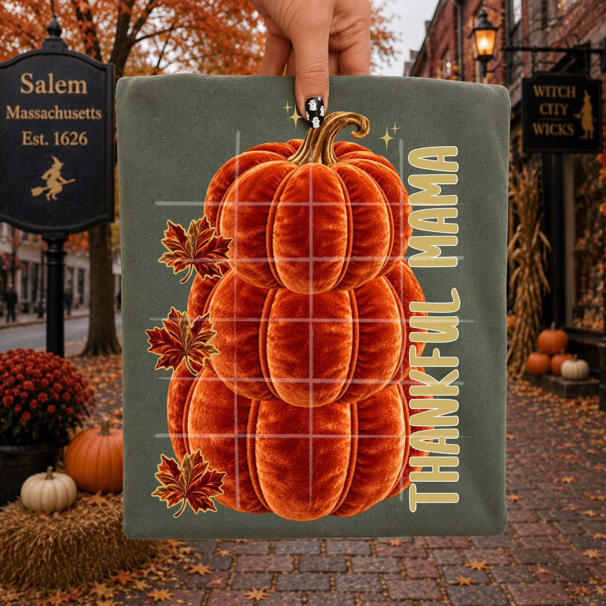 Velvet Stacked Pumpkins -Thankful Mama (SG) DTF Transfer