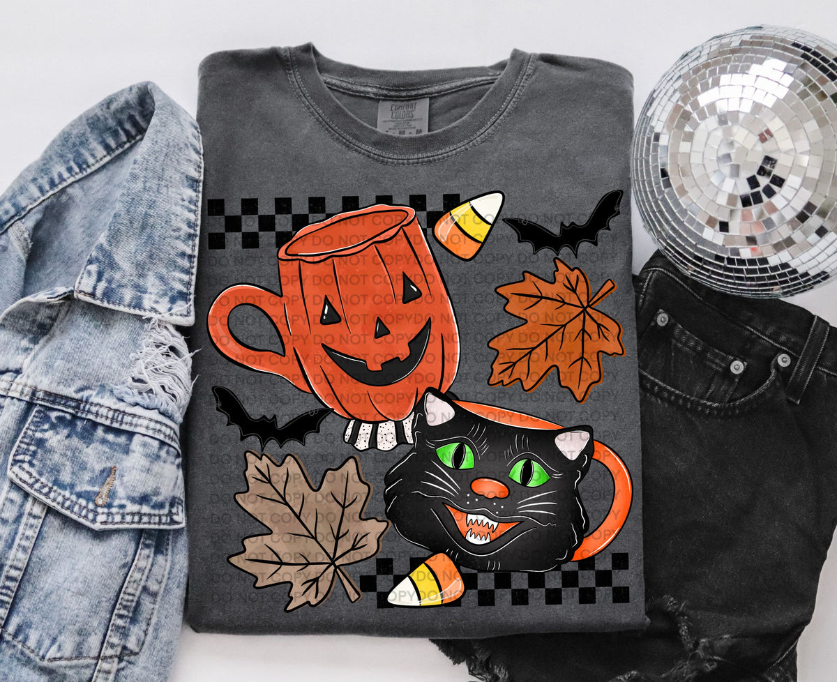 Pumpkin and cat mug with bats leaves and candy corn (SCG) DTF Transfer