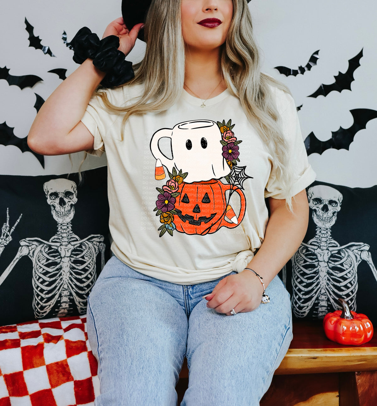 Ghost and pumpkin mug stacked with flowers (SCG) DTF Transfer