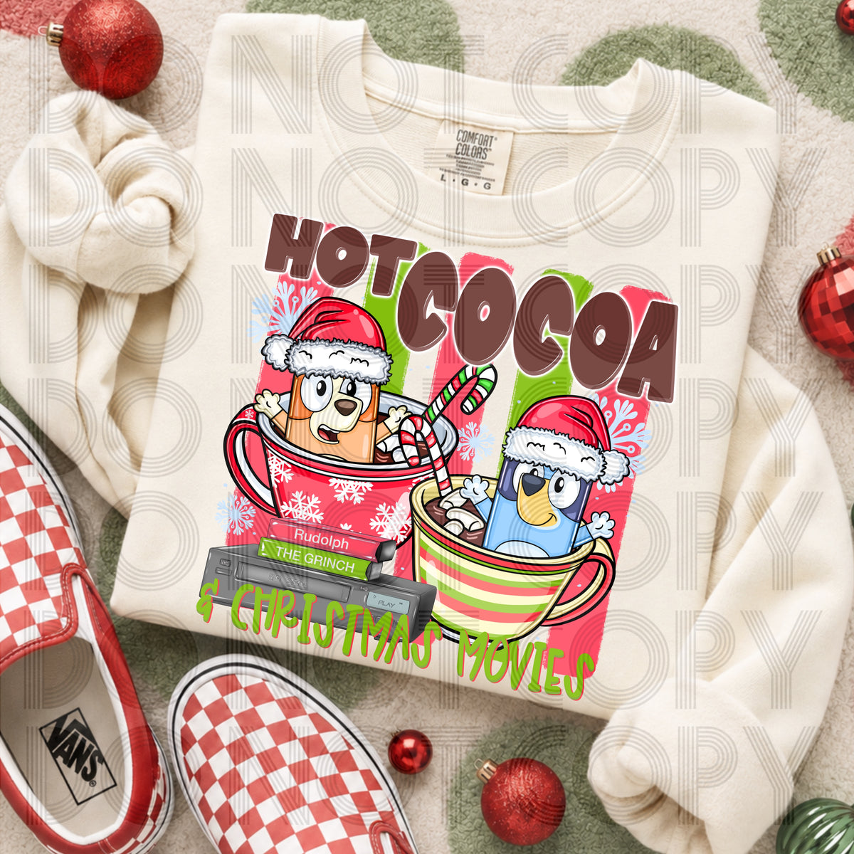 Hot cocoa & Christmas movies blue dog (Renewed) DTF Transfer