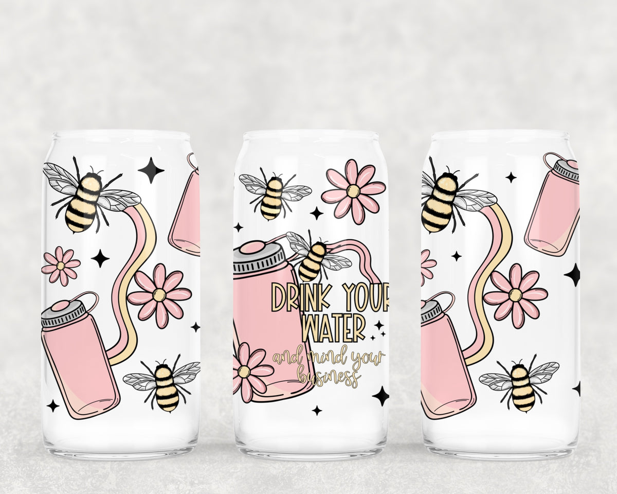 9281 drink your water and mind your business pink bottle and bees (CSC) UV DTF WRAP