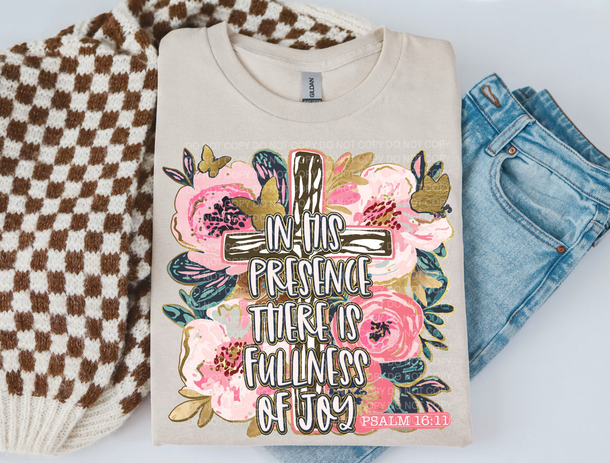 In his presence there is fullness of joy-pink flowers, butterflies and cross (SCG) DTF Transfer